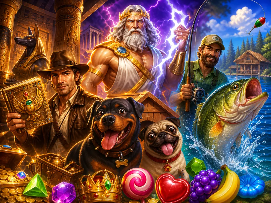 Slot game promotional artwork featuring characters from popular slot themes like fantasy, adventure, and mythology.